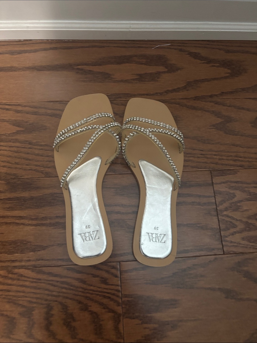 Zara Tan Slide Sandals with Rhinestone Straps